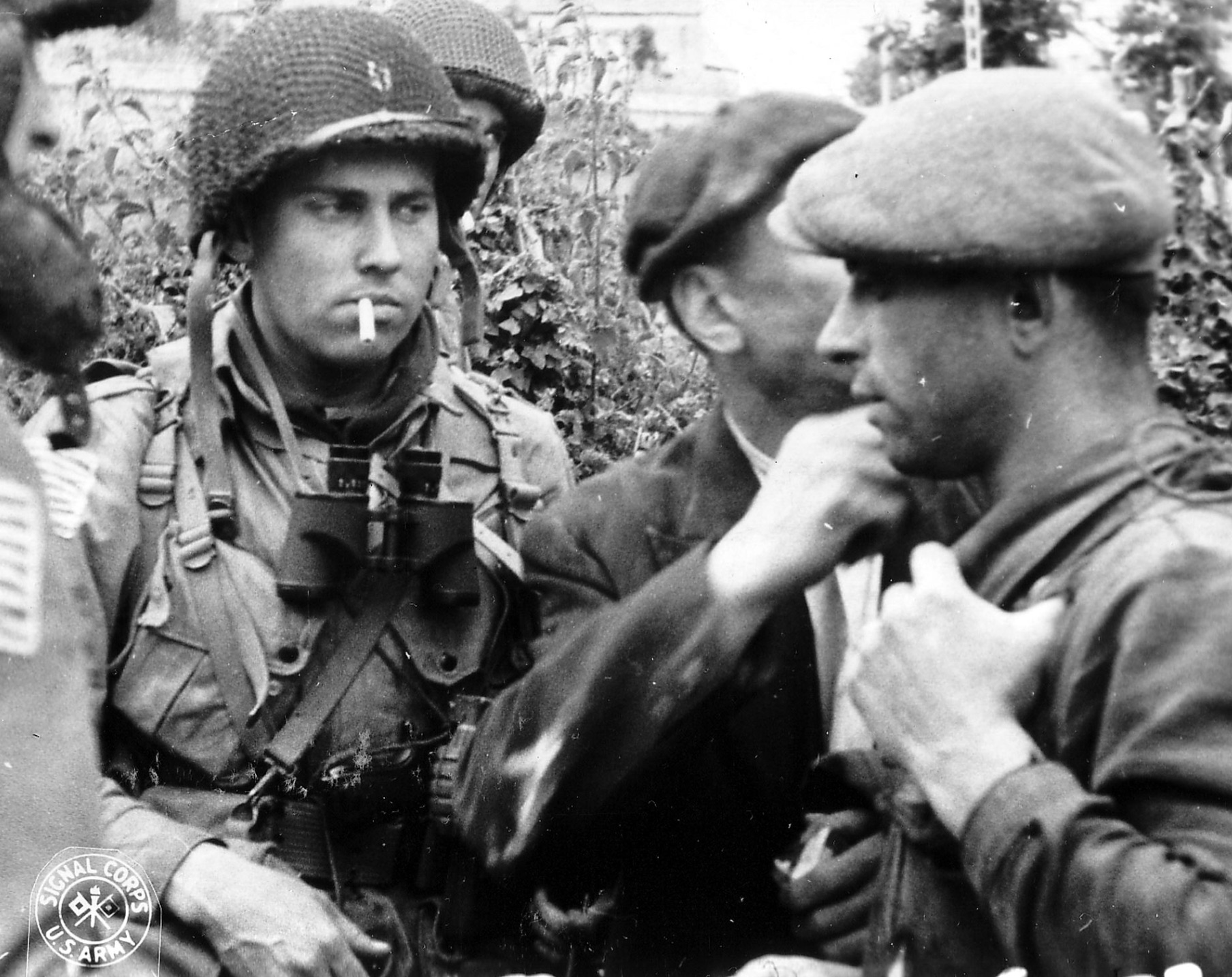 Members of the French Resistance and the US 82nd Airborne division during the Battle of Normandy